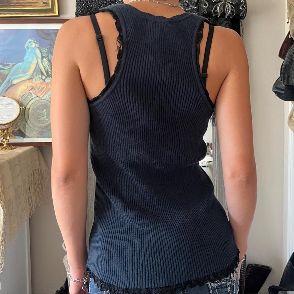GF FERRE Black Ribbed Cotton Basic Tank Top with Lace Trim Detail MEDIUM - Picture 4 of 5